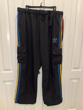 adidas Black Cargo Track Pants with Blue & Yellow Side Stripes